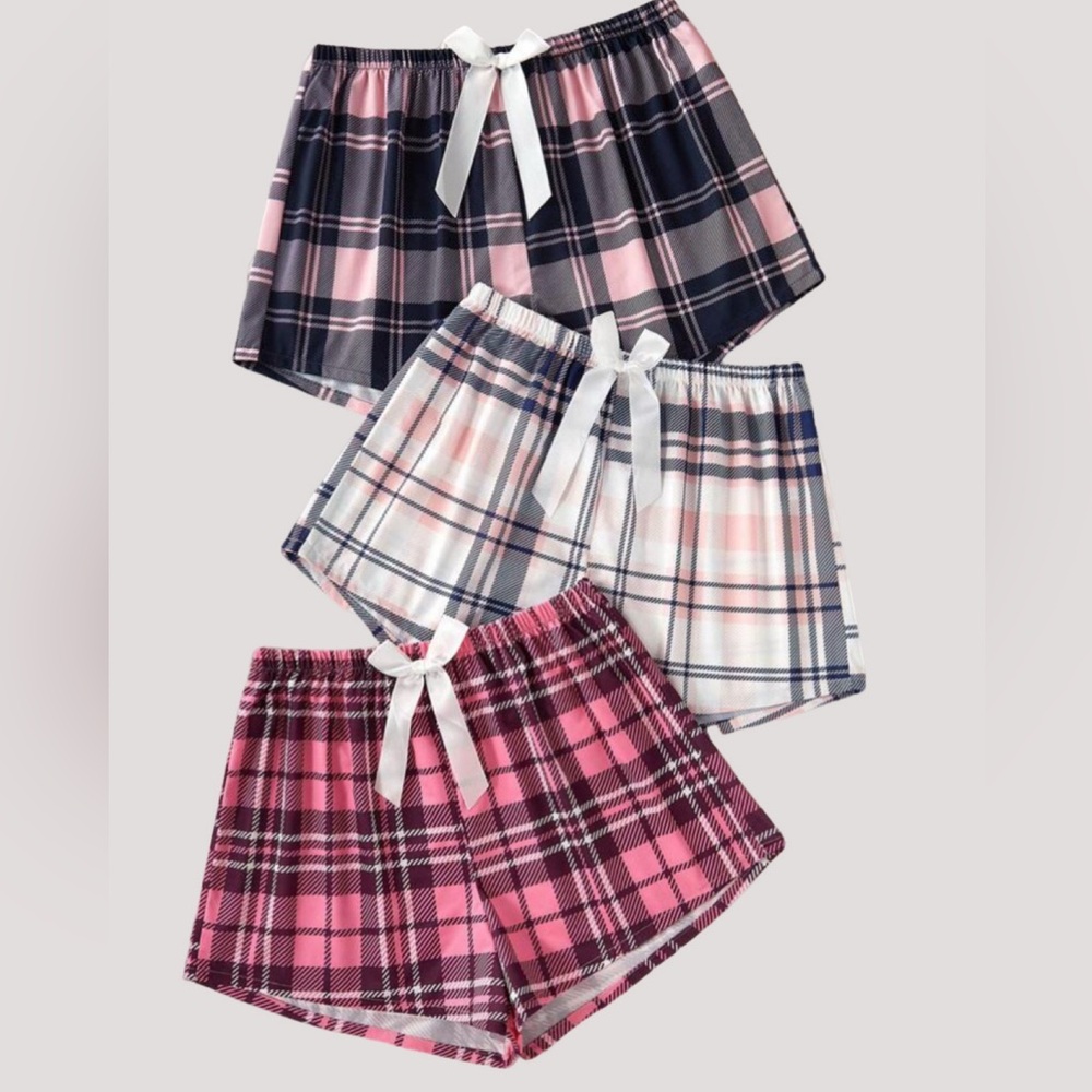 3 Piece Set Plaid Bow Women’s Lounge Pajama Sleep Shorts - Pink/White/Navy Blue